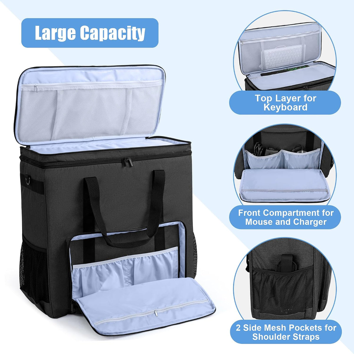 CURMIO Double-Layer PC Carrying Case, Computer Travel Bag for Tower, Black