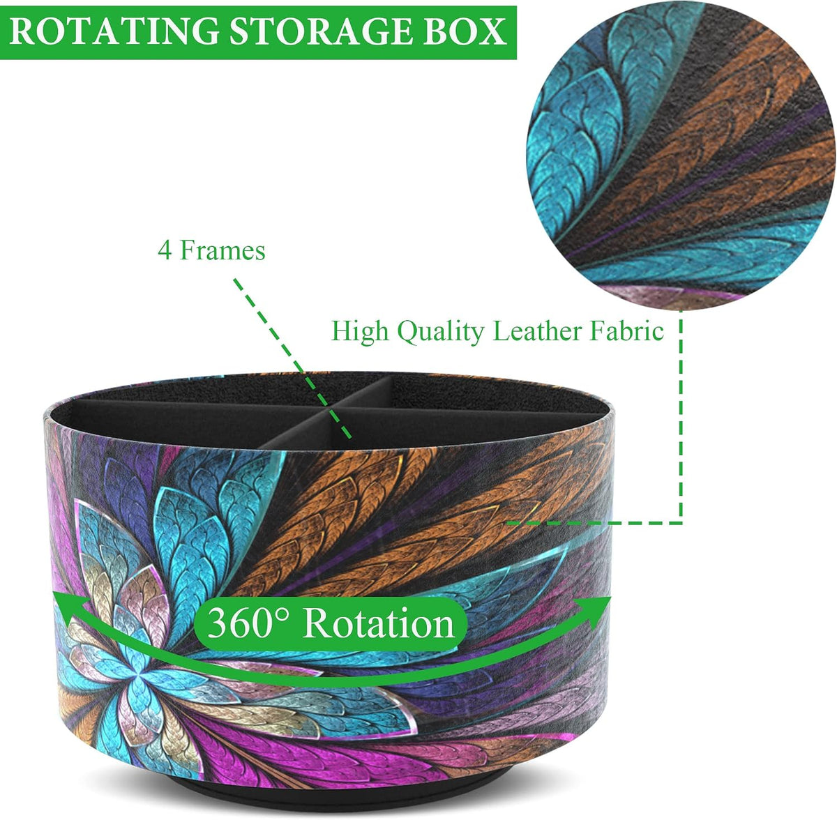 Round Leather Art Supply Organizer,Remote Control Holder,360 Degree Rotating,Multi-Functional Pencil Holder,4 Compartments Desktop Stationary Organizer(1-Fractal Flower)