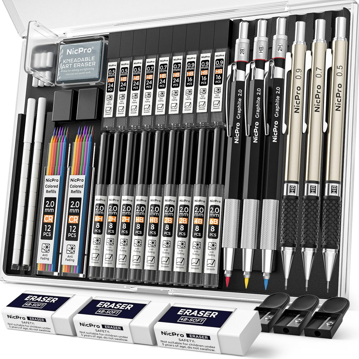 Nicpro 37PCS Art Mechanical Pencil Set, 4PCS Metal Drafting Pencil