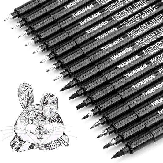 TWOHANDS Art Pen Drawing Marker Pens Fineliners, Set of 16, Black