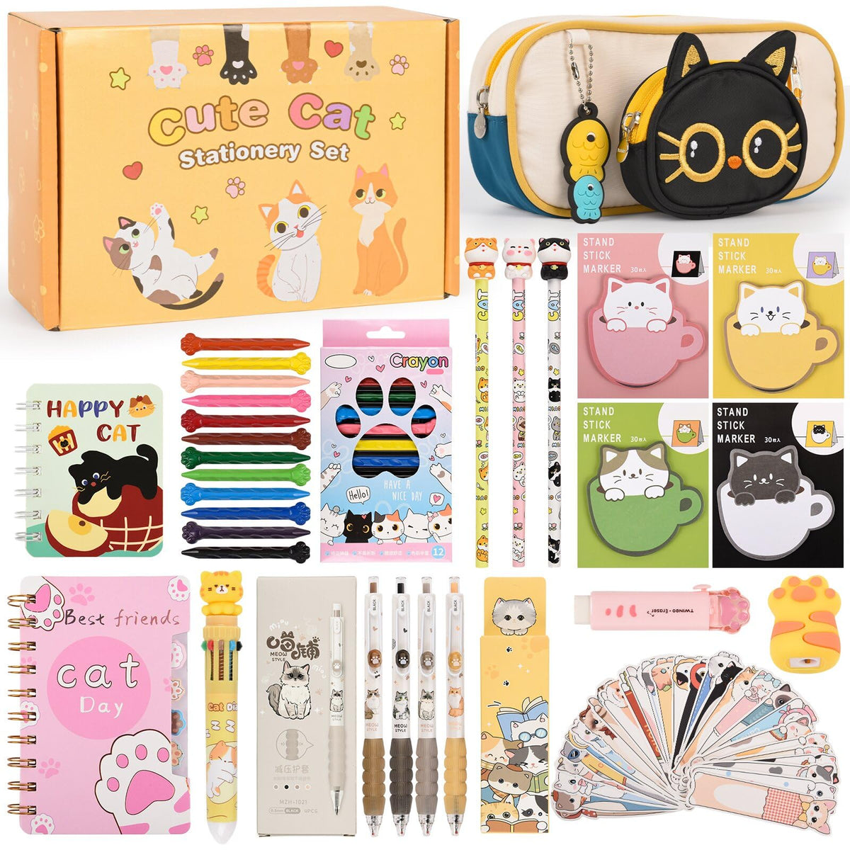 Ulema Cute Black Cat Gifts for Women,30Pcs Stationery Set Birthday Gifts for Boys Girls Back to School and Kawaii Classroom Office Supplies with Black Cat BallPoint Pen, Pencils, Sticky Notes etc.