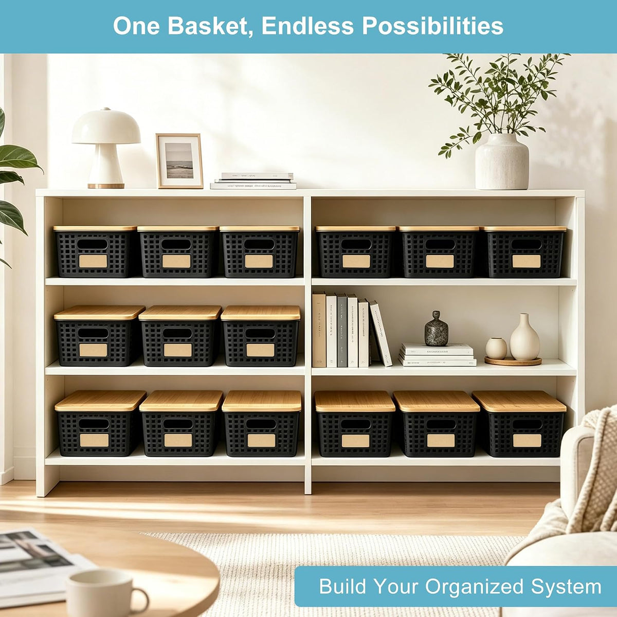 Bagnizer Small Plastic Storage Bins with Bamboo Lids 5.2qt Stackable Box Basket Pantry Decorative Containers Cute with Lable for Organizing Desktop Closet Office Black of 6 packs 10 * 7.2 * 4.1"