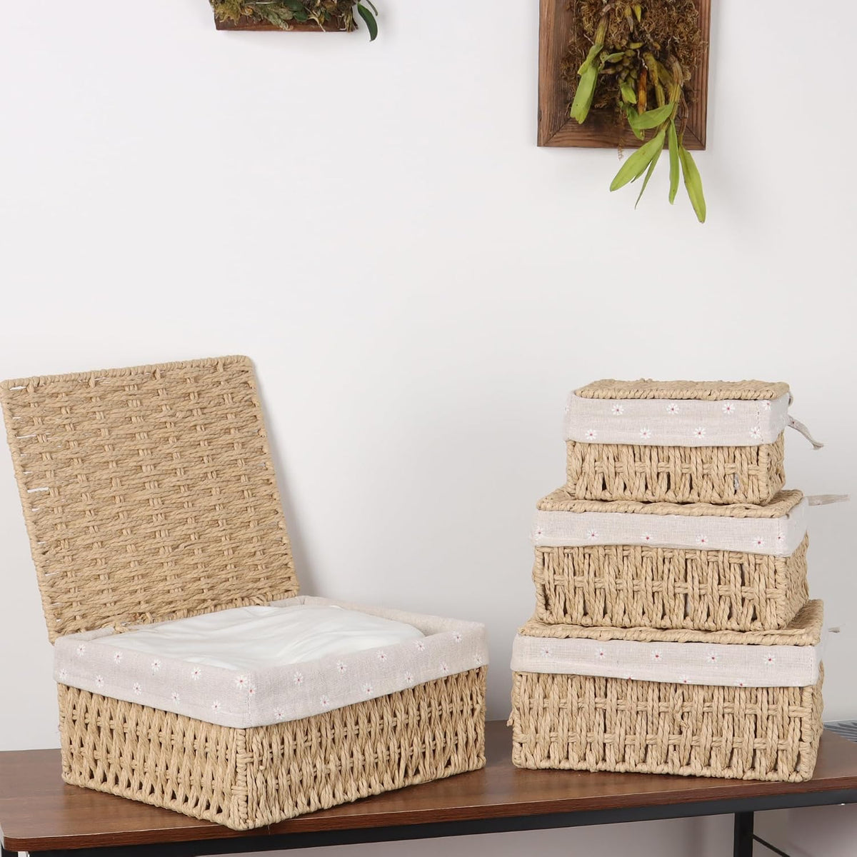 FEILANDUO Wicker Shelf Baskets Bin with Lid, Handwoven Paper Rope Baskets for Organizing, Rectangular Basket for Storage, Desktop Boxes with Lids Home Organizer Decor, Large