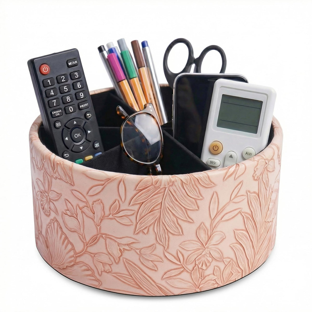 Round Leather Art Supply Organizer,Remote Control Holder,360 Degree Rotating,Multi-Functional Pencil Holder,4 Compartments Desktop Stationary Organizer(1-Fractal Flower)