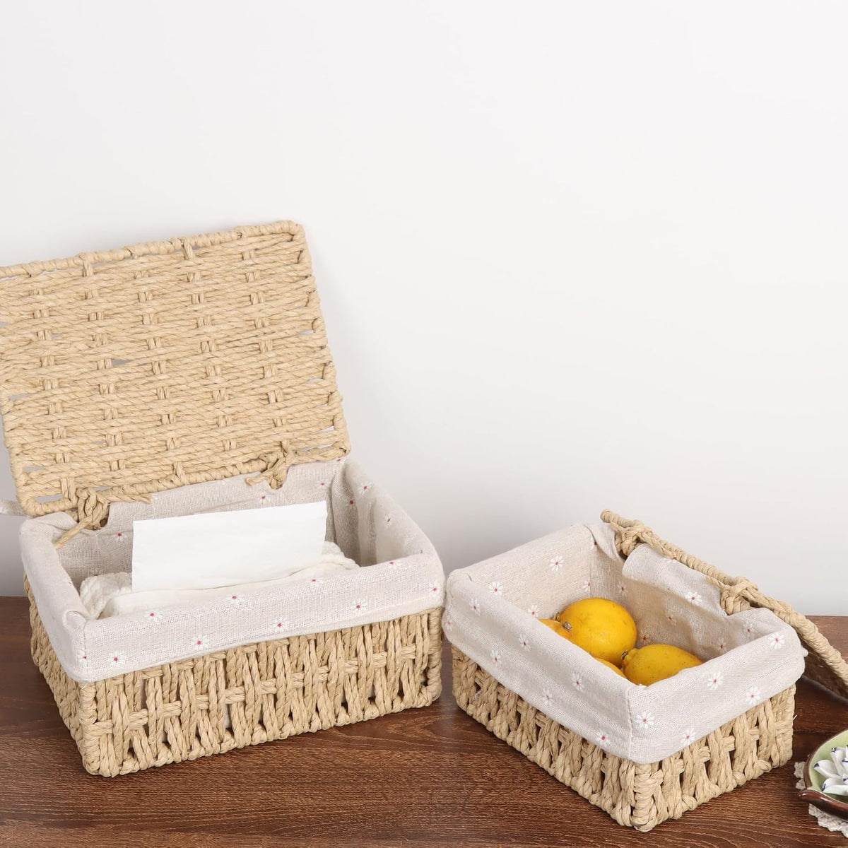 FEILANDUO Wicker Shelf Baskets Bin with Lid, Handwoven Paper Rope Baskets for Organizing, Rectangular Basket for Storage, Desktop Boxes with Lids Home Organizer Decor, Large