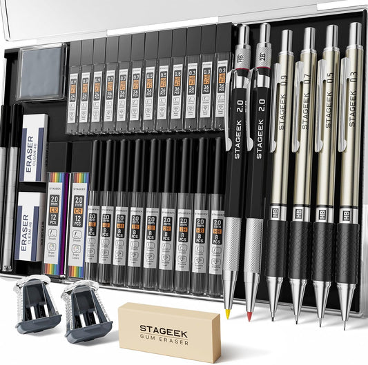STAGEEK 37PCS Mechanical Pencil Set with Case, 0.3, 0.5, 0.7, 0.9 ＆2PCS 2mm