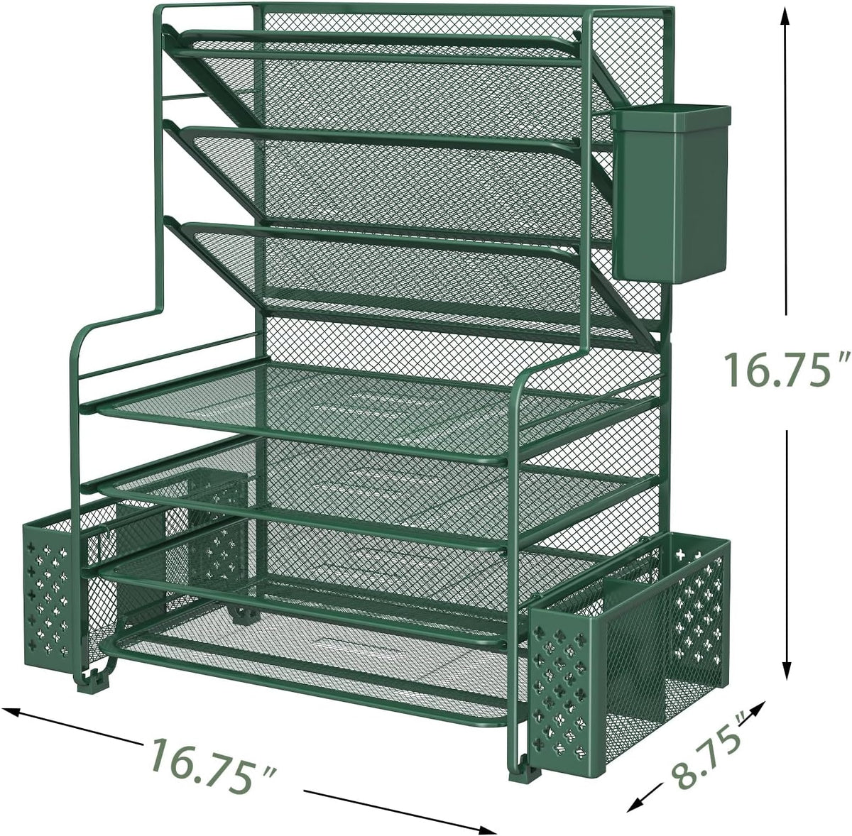Simple Trending 7 Tier Desk File Organizer, Letter Tray Paper Organizer with Pen Holder and Metal Hanging Basket, Green