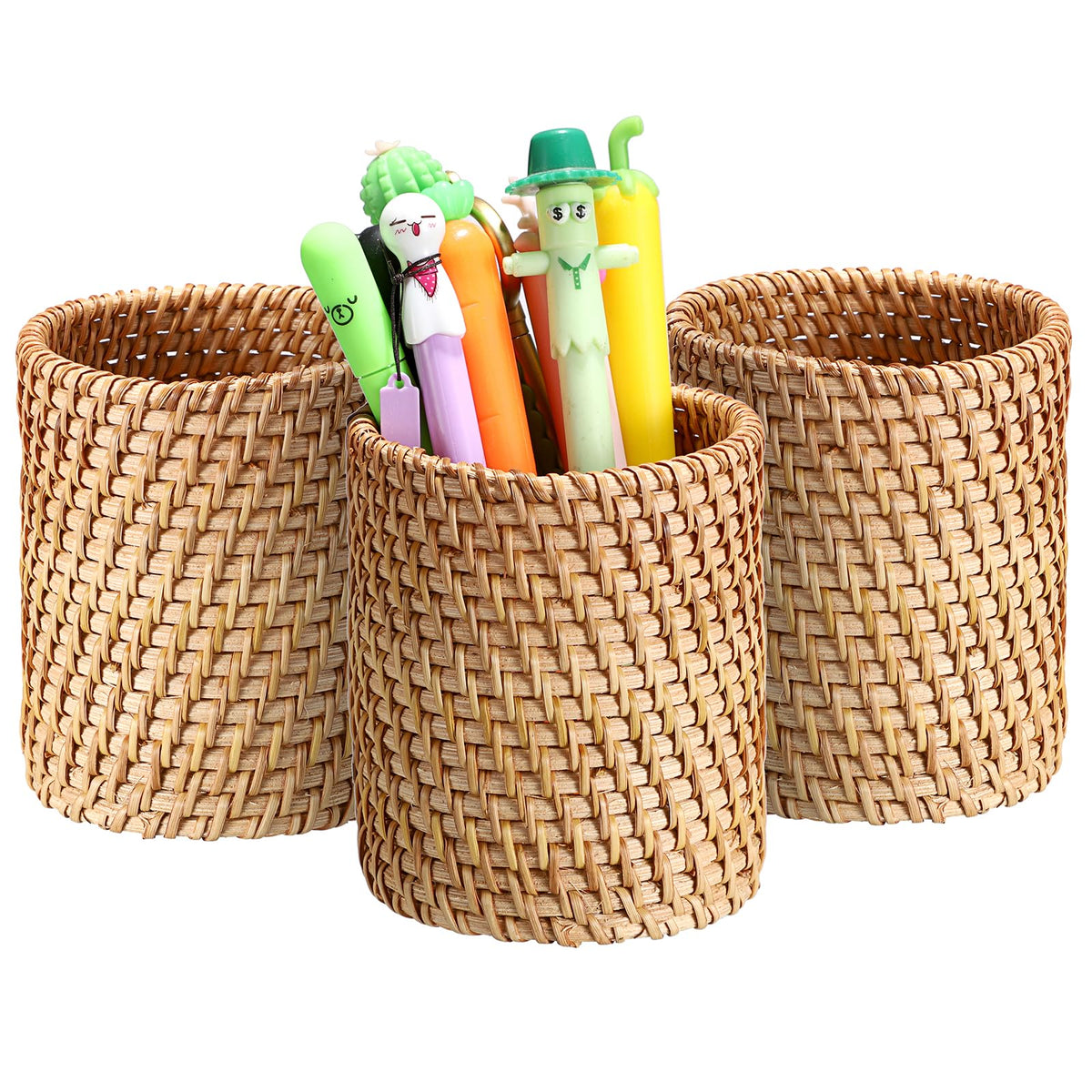 BTSKY Rattan Pen Cup, Handmade Desk Pencil Holders Makeup Brush Holder Multi-Functional Woven Basket Office&Home Desktop Organizer(Cylinder)