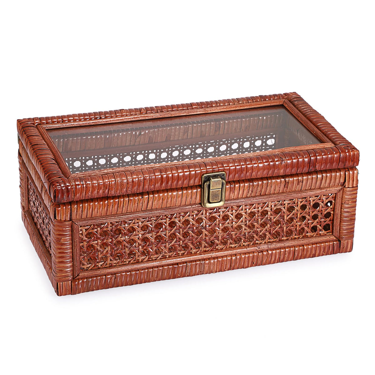 Hipiwe Rattan Display Box with Clear Lid Rectangular Wicker Storage Basket