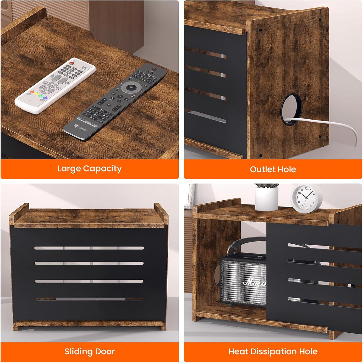 Homode Router Shelf, Wood Wifi Box Hider, Projector Shelf Stand, Router Modem Storage Box Power Strip Cable Management Hider Rack, Routers Cover Organizer for Office Home, Rustic Brown