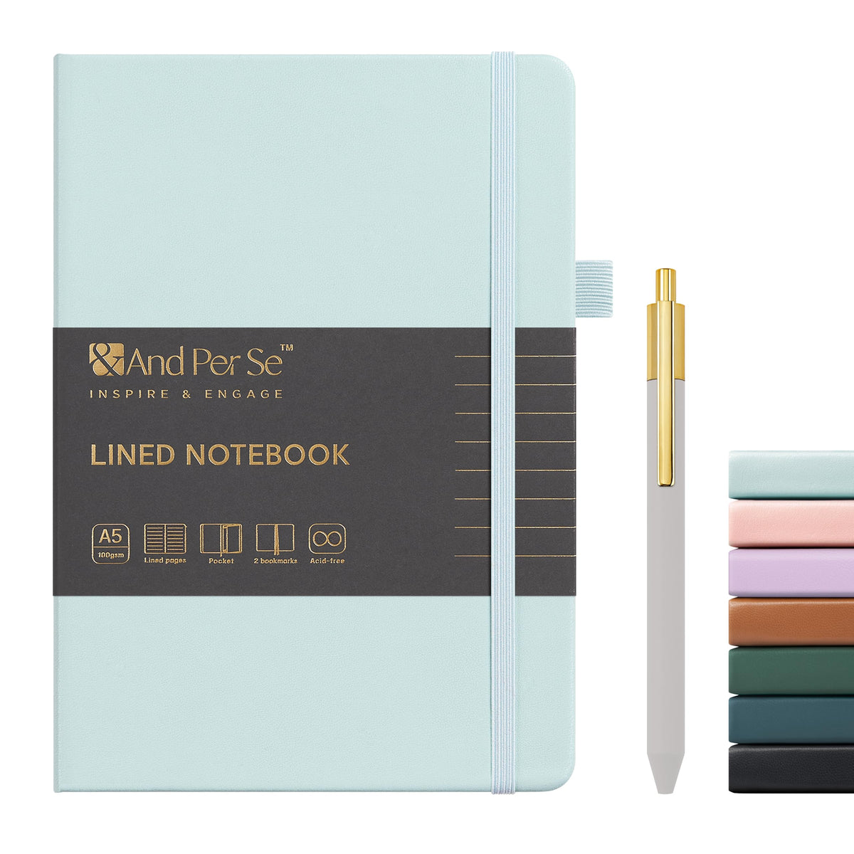 &And Per Se Lined Journal and Pen Set, A5 Leather Hardcover Notebook with Pen & Stationary Set, 160 Pages 100GSM Thick Ruled Paper Journal for Business Work Writing (Dark Blue)