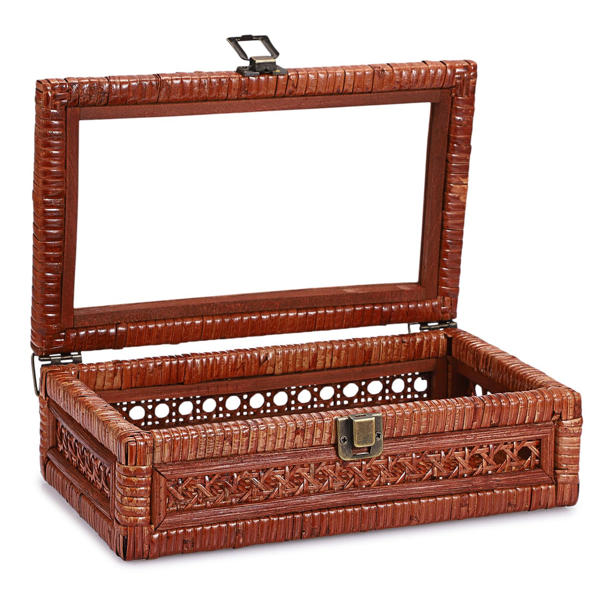 Hipiwe Rattan Display Box with Clear Lid Rectangular Wicker Storage Basket