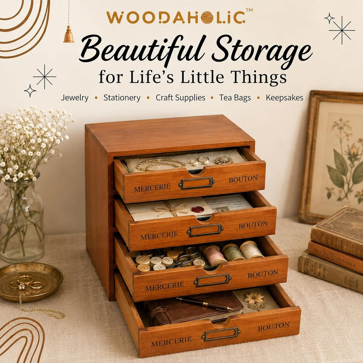 Modular Stackable Apothecary Cabinet 4 Drawer Desk Organizer - Retro Library Card Catalog Wood Storage Box - Organize Stationery, Thread Embroidery, Sewing, Crafts, Junk Drawer & Supplies Countertop