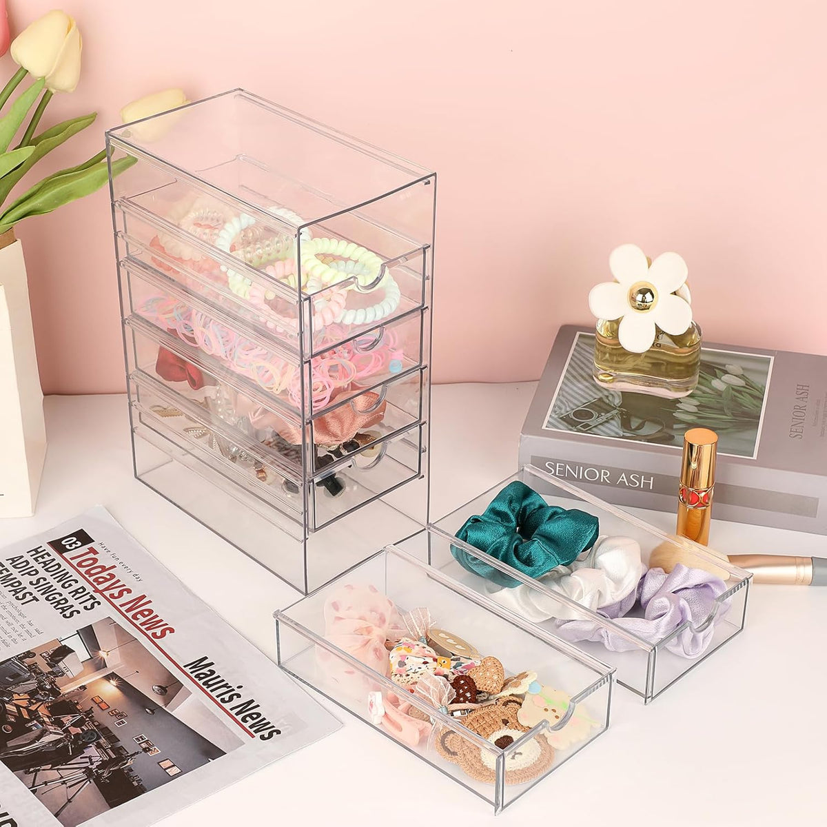 Hipiwe Plastic Drawer Organizer Desktop Storage Box with 6 Pull Out Drawers