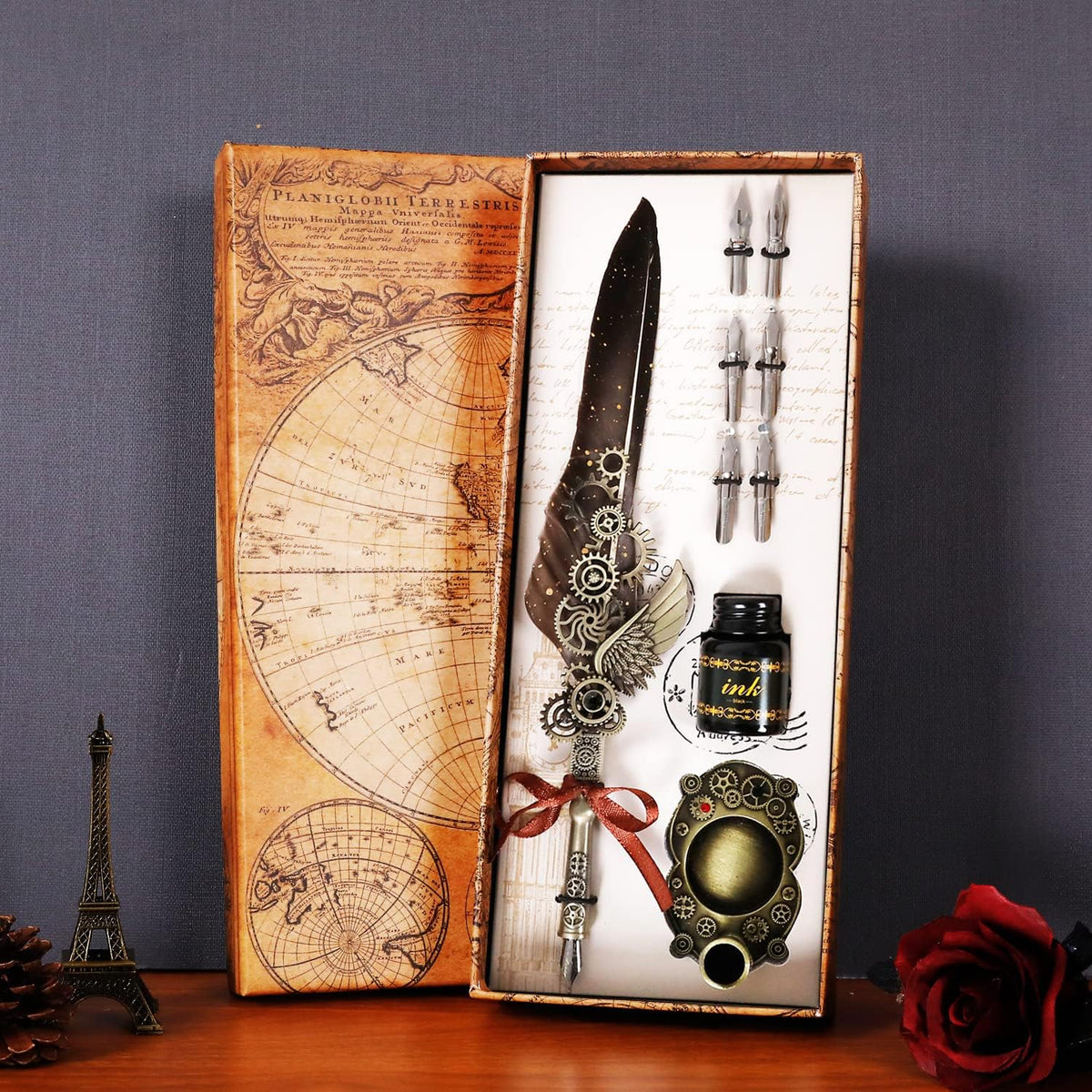 Aifeiter Feather Pen Set,Calligraphy Fountain Dip Feather Pen and Ink Set for Writing,Christmas Gift for Handwriting Lovers Birthday Gift,Luxury Vintage Signature Pen-Grey