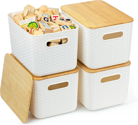 Ohmlove 4 Pack Storage Bins with Bamboo Lids,Stackable Box for Organization