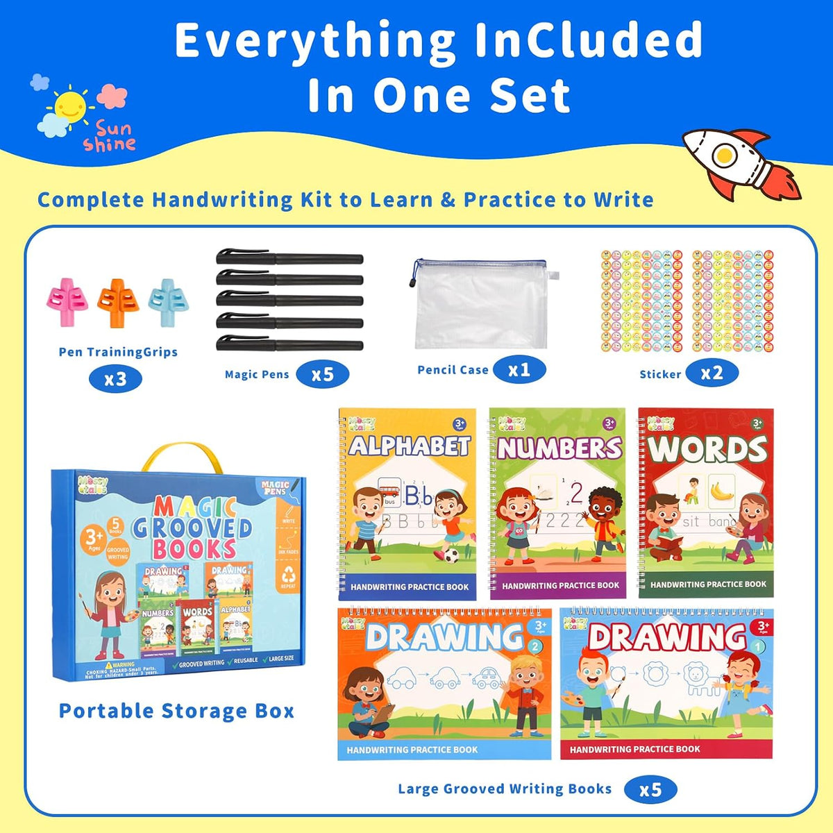 Magic Grooved Handwriting Practice Book for Kids Ages 3-8, Reusable Tracing Workbooks with Auto-Disappearing Ink, Preschool Learning Activities for Toddlers-Gifts for Children