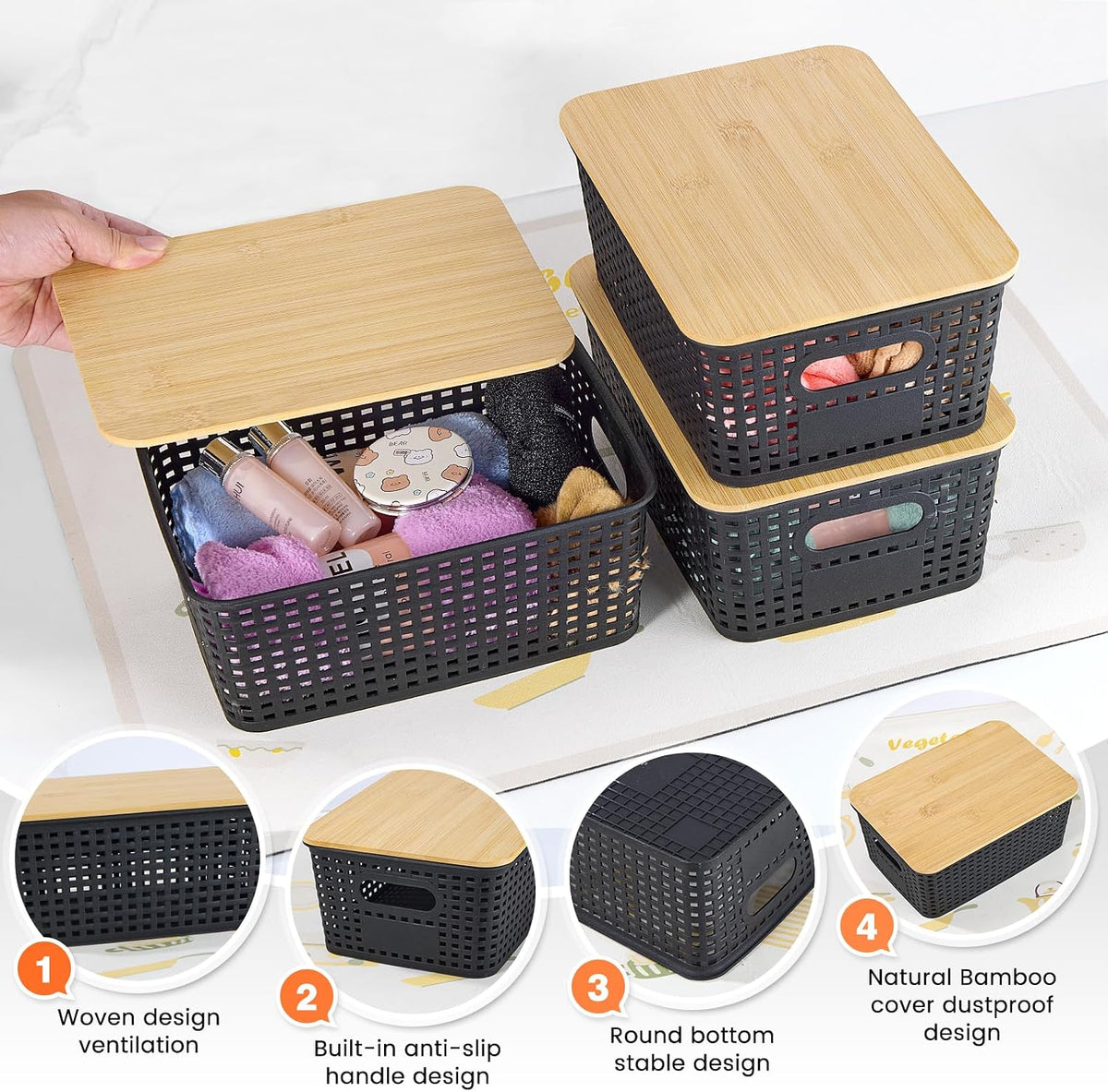Ohmlove 6 Pack Plastic Storage Baskets with Bamboo Lids for Organization
