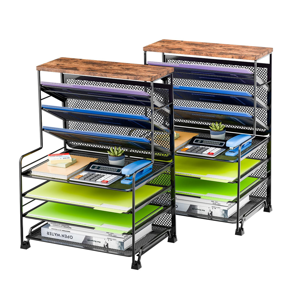 Simple Trending 7 Tier Desk File Organizer, Letter Tray Paper Organizer with Pen Holder and Metal Hanging Basket, Green
