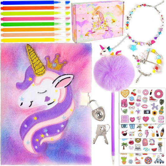 Diary for Girls with lock and keys, Journal School Travel Notebook Gift Set for Writing and Drawing,Multicolored Pen, Stickers, Birthday Gift for Girls (purple-unicorn)