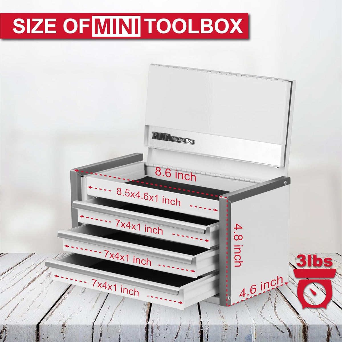 P.I.T. Mini Tool Box,3 Drawers Small Metal Toolbox for Tools Storage,White