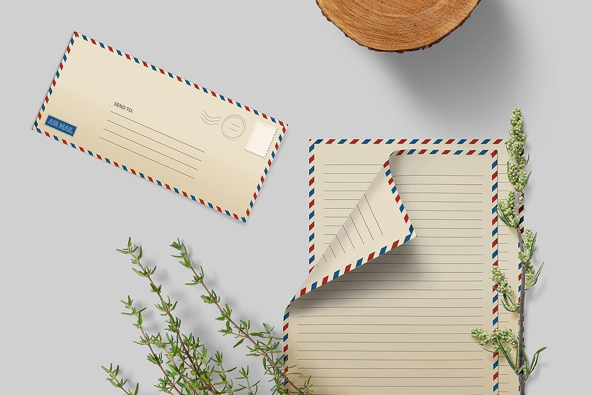 Better Office Products Vintage Airmail Stationery Paper Set, 100-Piece Set (50 Lined Sheets + 50 Matching Envelopes), Letter Size 8.5 x 11 inch, Double Sided & Lined Paper,