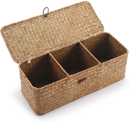 DECRAFTS Seagrass Storage Basket with Lid Rectangular Small Woven Shelf Baskets with Sections for Organize Snack Toys Tampon