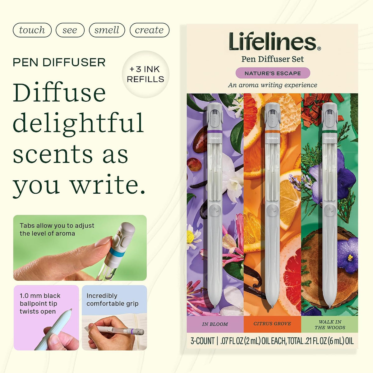 Lifelines Pen Diffuser Set, 3-Pack Natures Escape - 1mm Black Ballpoint Pen