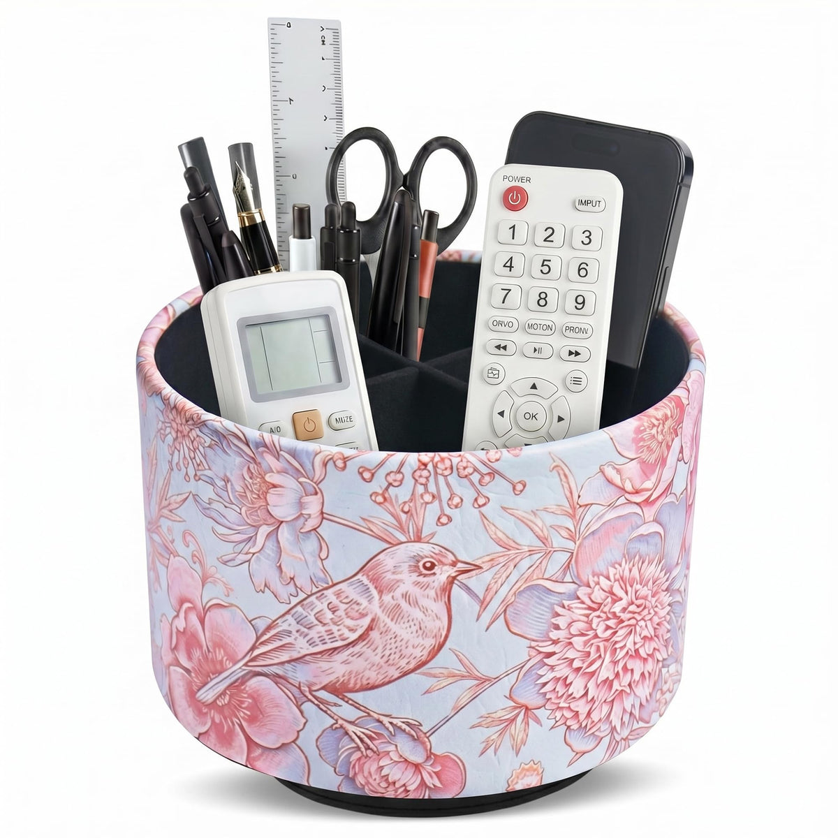 Round Leather Art Supply Organizer,Remote Control Holder,360 Degree Rotating,Multi-Functional Pencil Holder,4 Compartments Desktop Stationary Organizer(1-Fractal Flower)