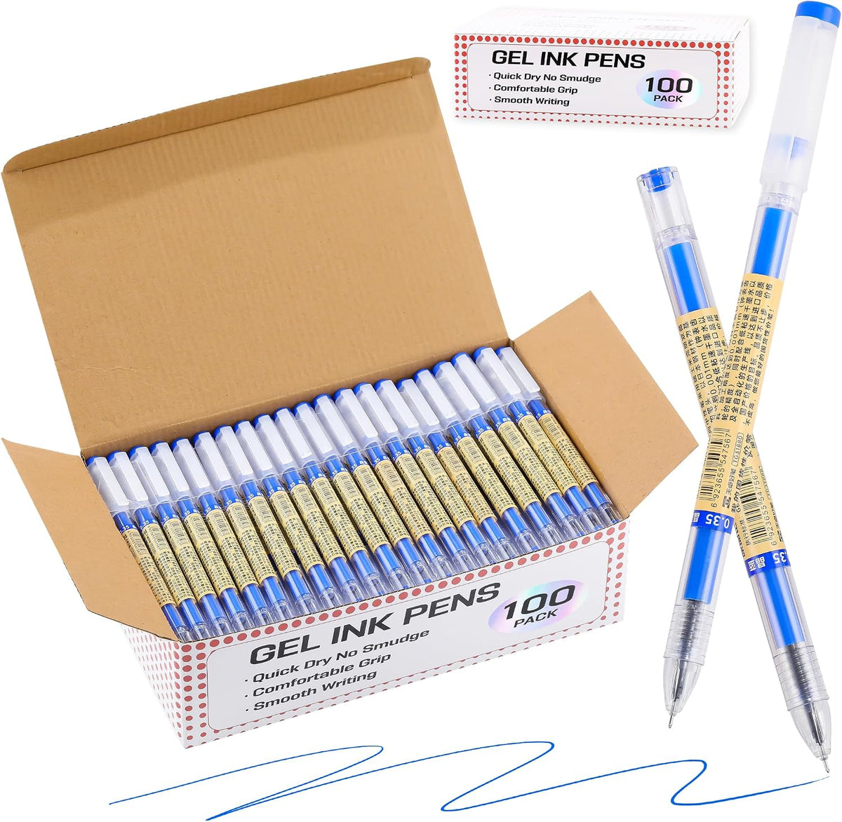 Japanese Style Blue Gel Ink Pens, 100 Pack Bulk Wholesale Set, 0.35mm Extra Fine Point, No Smudge Quick Drying, Journaling, Writing Drawing Notebook for Teacher Classroom Office School Supplies
