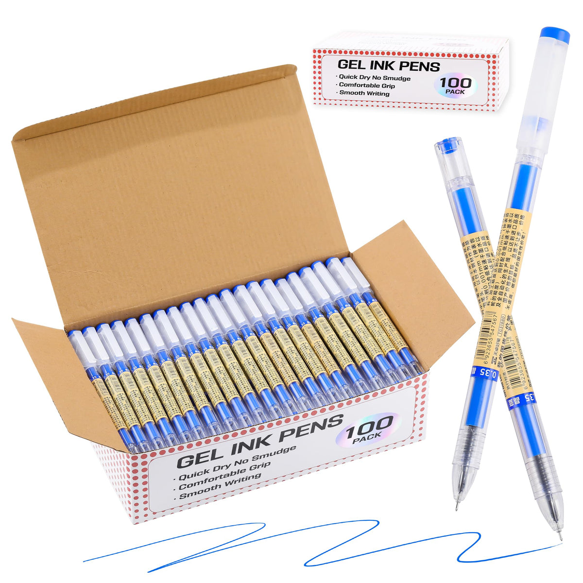 Japanese Style Blue Gel Ink Pens, 100 Pack Bulk Wholesale Set, 0.35mm Extra Fine Point, No Smudge Quick Drying, Journaling, Writing Drawing Notebook for Teacher Classroom Office School Supplies