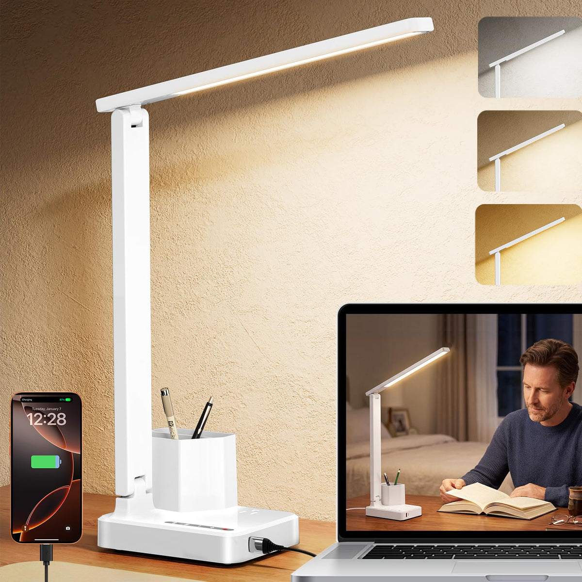 cozoo LED Desk Lamp USB A/C AC Pen Holder Dorm Home Office Desk Light Black