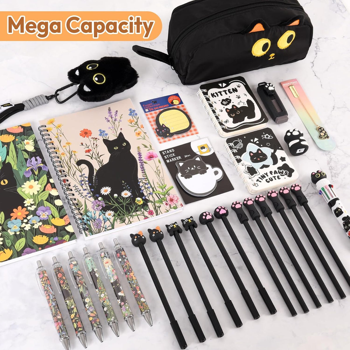 Ulema Cute Black Cat Gifts for Women,30Pcs Stationery Set Birthday Gifts for Boys Girls Back to School and Kawaii Classroom Office Supplies with Black Cat BallPoint Pen, Pencils, Sticky Notes etc.