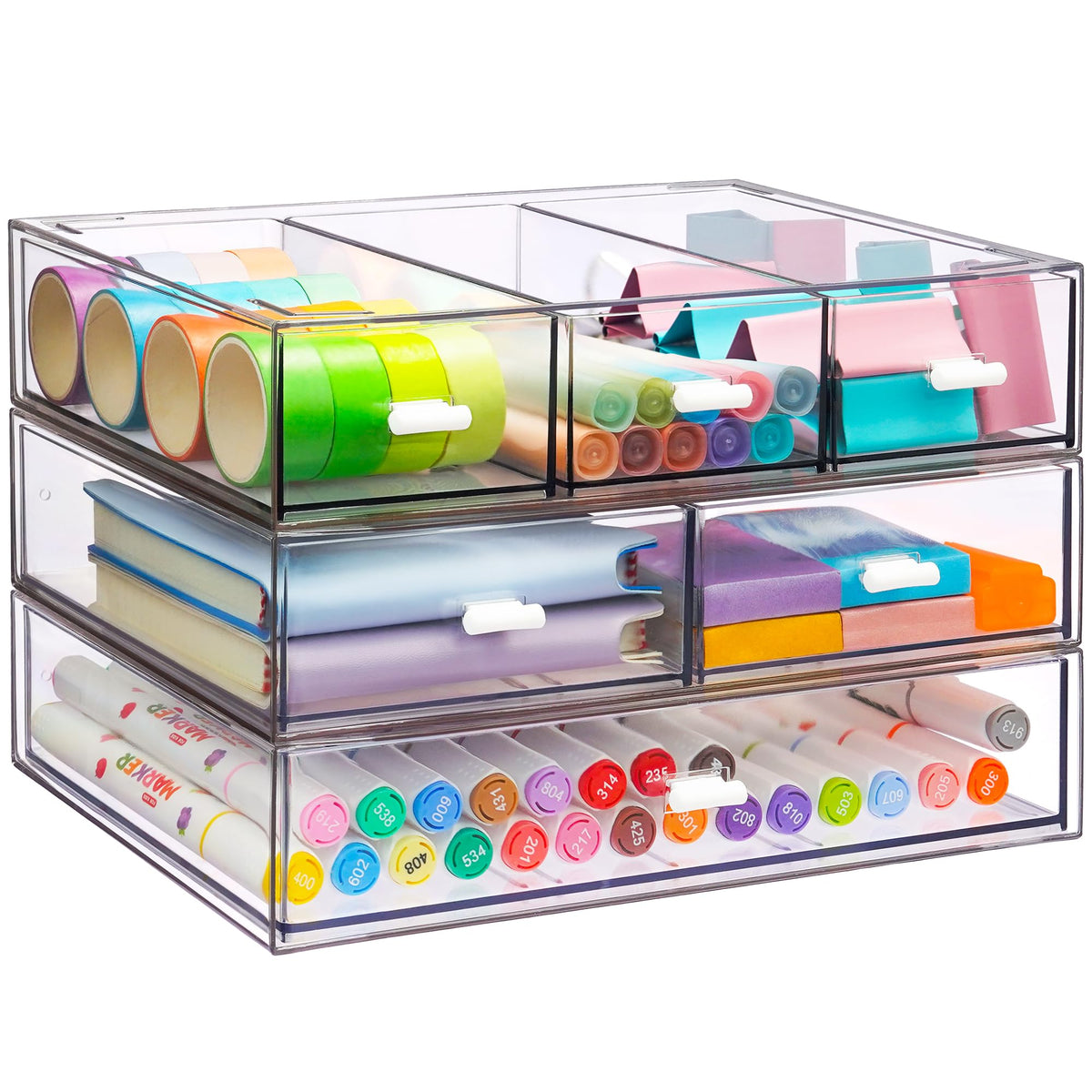 3 Tier Stackable Desk Organizer with 6 Drawers, YOCOMEY Plastic Desktop Storage Box Drawers, Detachable Makeup Storage Office Stationery Supplies Organizer for Office School(Clear)