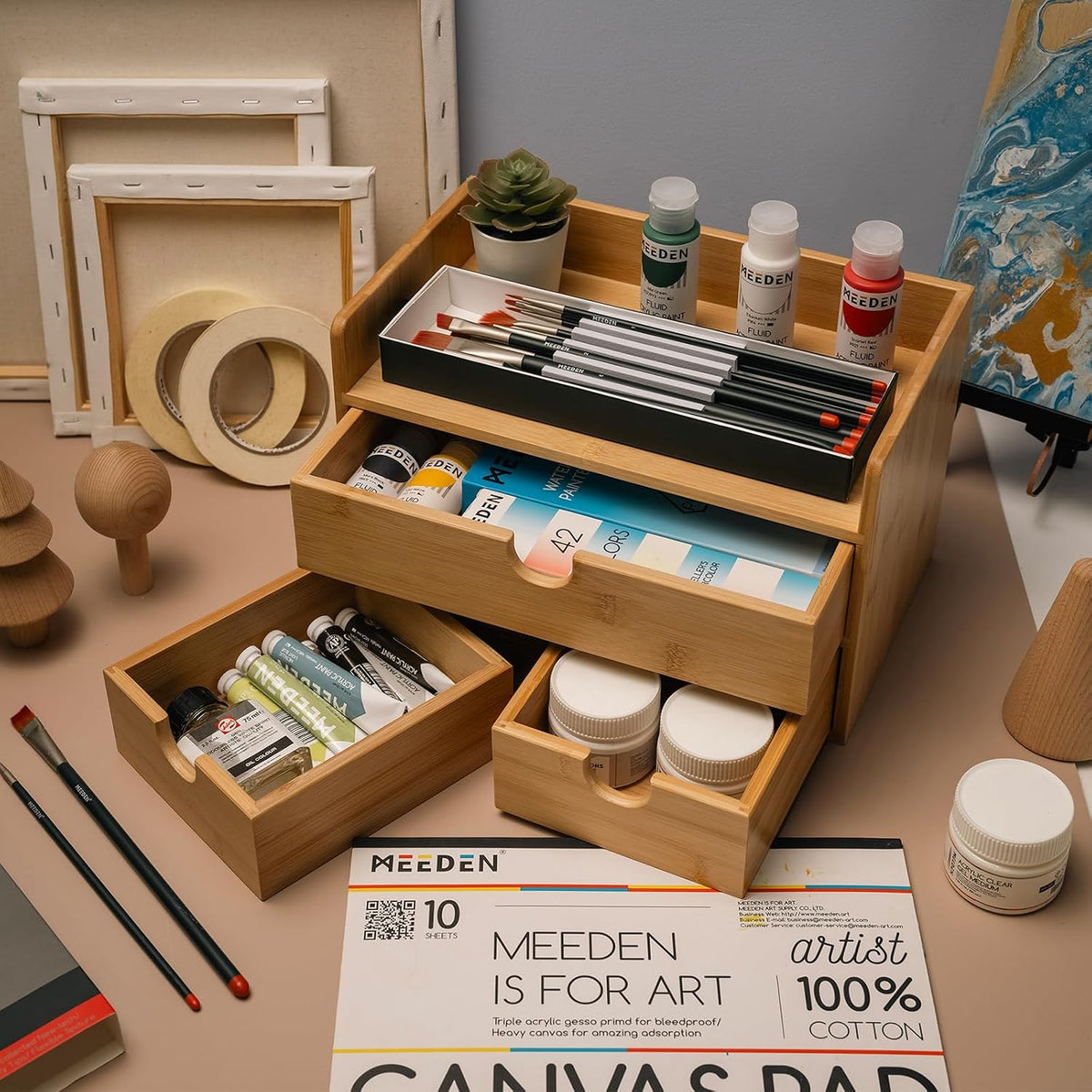 MEEDEN Bamboo Desk Organizer with Drawers: Storage Container with Shelf