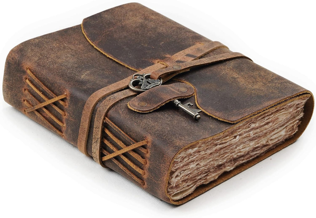 LEATHER VILLAGE Leather Journal Key Lock, Distressed Brown 6x4.