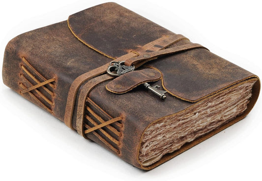 LEATHER VILLAGE Leather Journal Key Lock, Distressed Brown 6x4.
