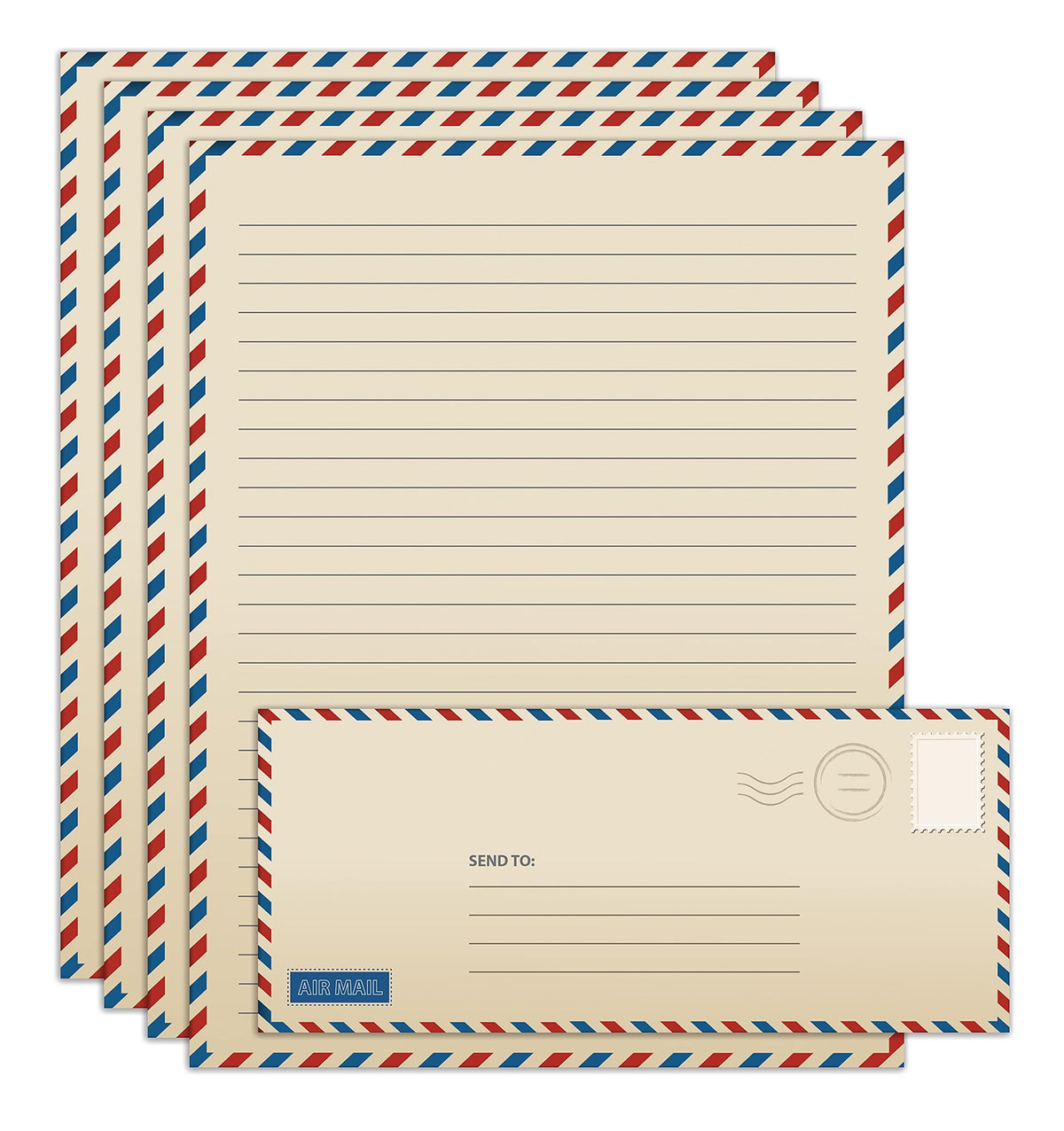 Better Office Products Vintage Airmail Stationery Paper Set, 100-Piece Set (50 Lined Sheets + 50 Matching Envelopes), Letter Size 8.5 x 11 inch, Double Sided & Lined Paper,