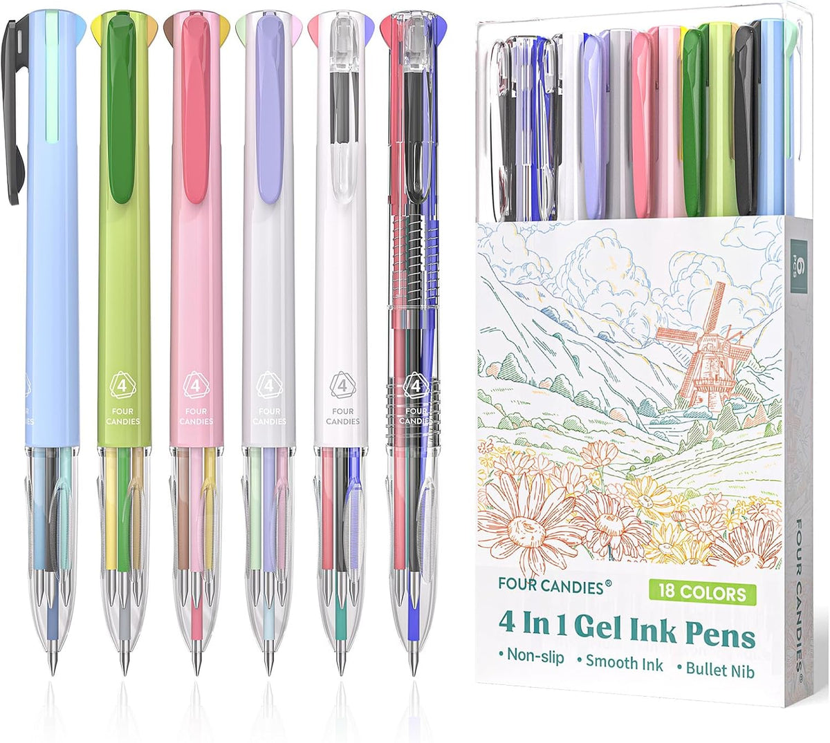 Four Candies Multicolor Pen, 4-in-1 Gel Ink Pens, 6 Pack, 18 Colors, 0.5mm