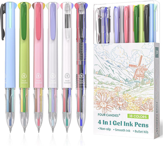 Four Candies Multicolor Pen, 4-in-1 Gel Ink Pens, 6 Pack, 18 Colors, 0.5mm
