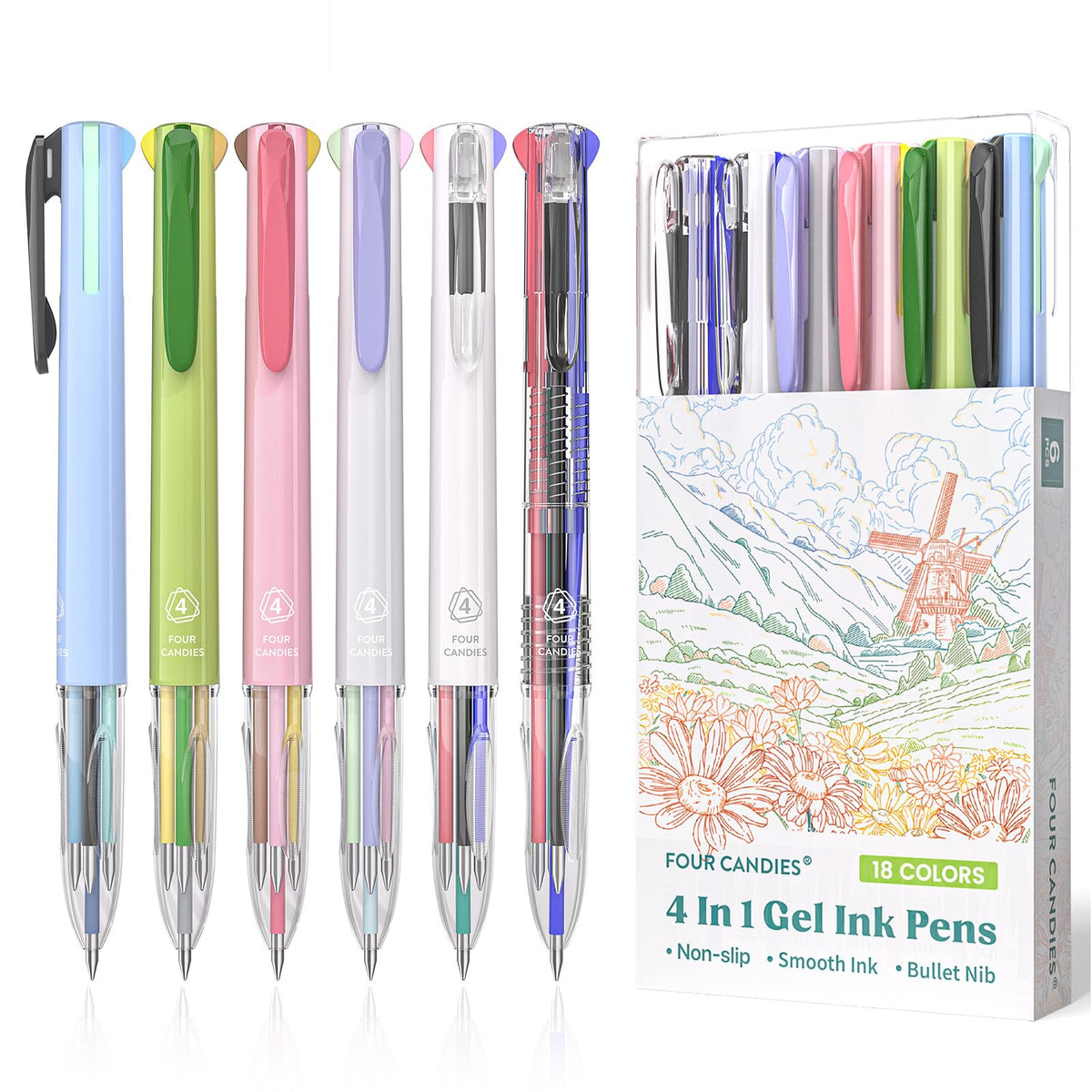 Four Candies Multicolor Pen, 4-in-1 Gel Ink Pens, 6 Pack, 18 Colors, 0.5mm
