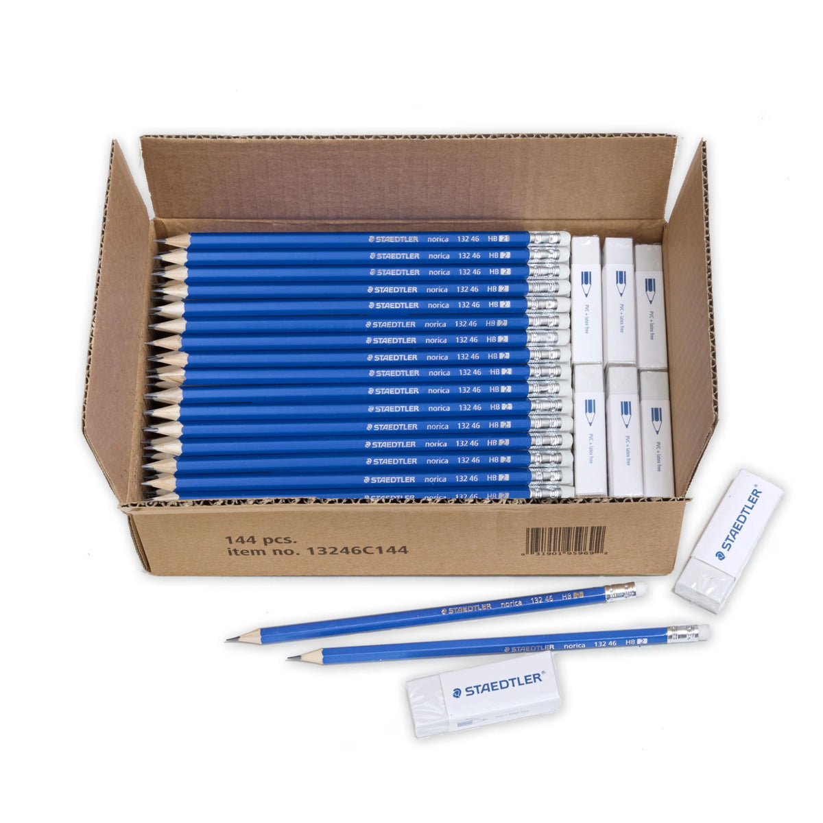 STAEDTLER Norica #2 HB Pencils Class Pack: 144 Pre-Sharpened Pencils + 12 Erasers, Bulk School Supplies Set, Break-Resistant Lead, Latex- & PVC-Free, For Writing, Testing, Drawing & Sketching
