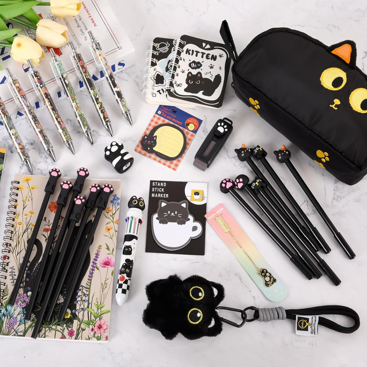 Ulema Cute Black Cat Gifts for Women,30Pcs Stationery Set Birthday Gifts for Boys Girls Back to School and Kawaii Classroom Office Supplies with Black Cat BallPoint Pen, Pencils, Sticky Notes etc.
