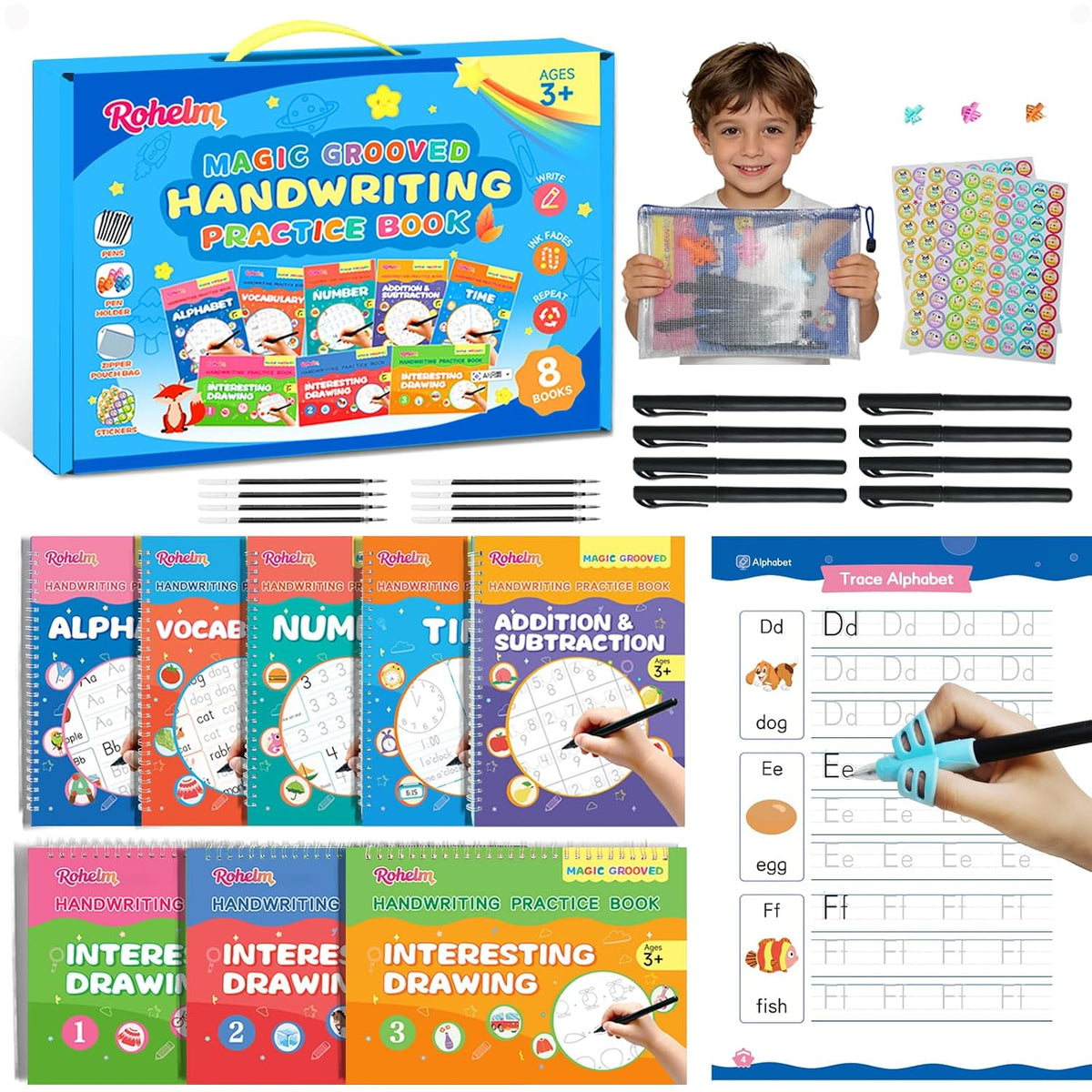 Magic Grooved Writing Practice, 8 Reusable Handwriting Books for Kids 3-8