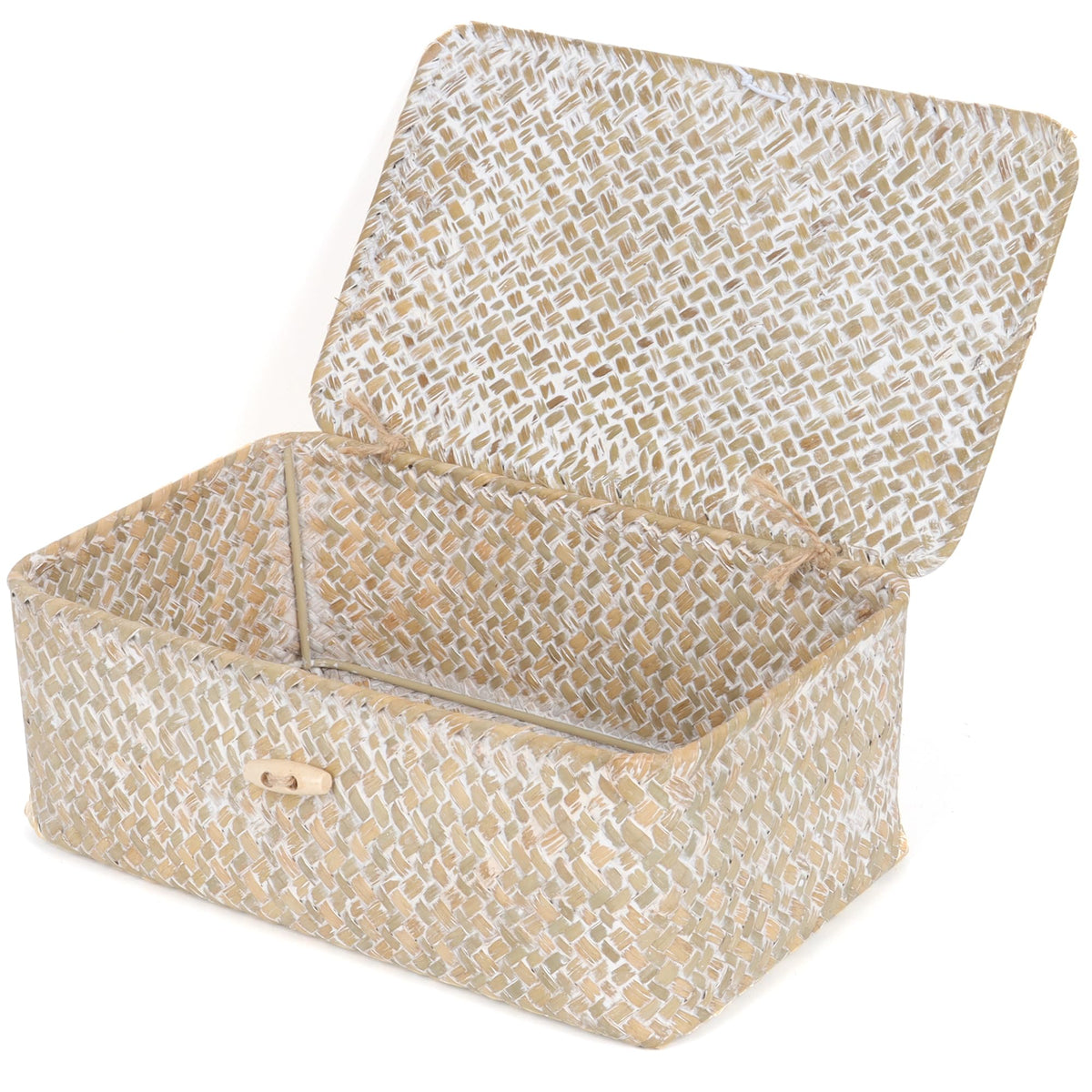 FEIALNDUO Wicker Shelf Baskets with Lid,Seagrass Storage Basket Bins Rectangular Handwoven Basket Boxes for Shelves Desktop Home Organizer (Coffee, X-Small)