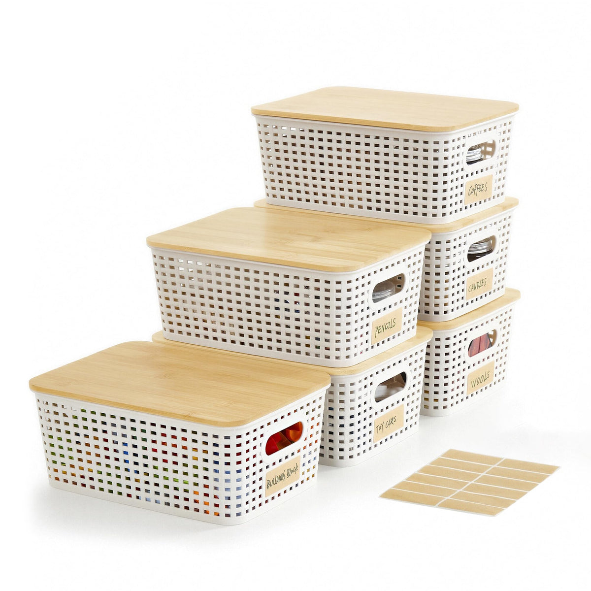 Bagnizer Small Plastic Storage Bins with Bamboo Lids 5.2qt Stackable Box Basket Pantry Decorative Containers Cute with Lable for Organizing Desktop Closet Office Black of 6 packs 10 * 7.2 * 4.1"
