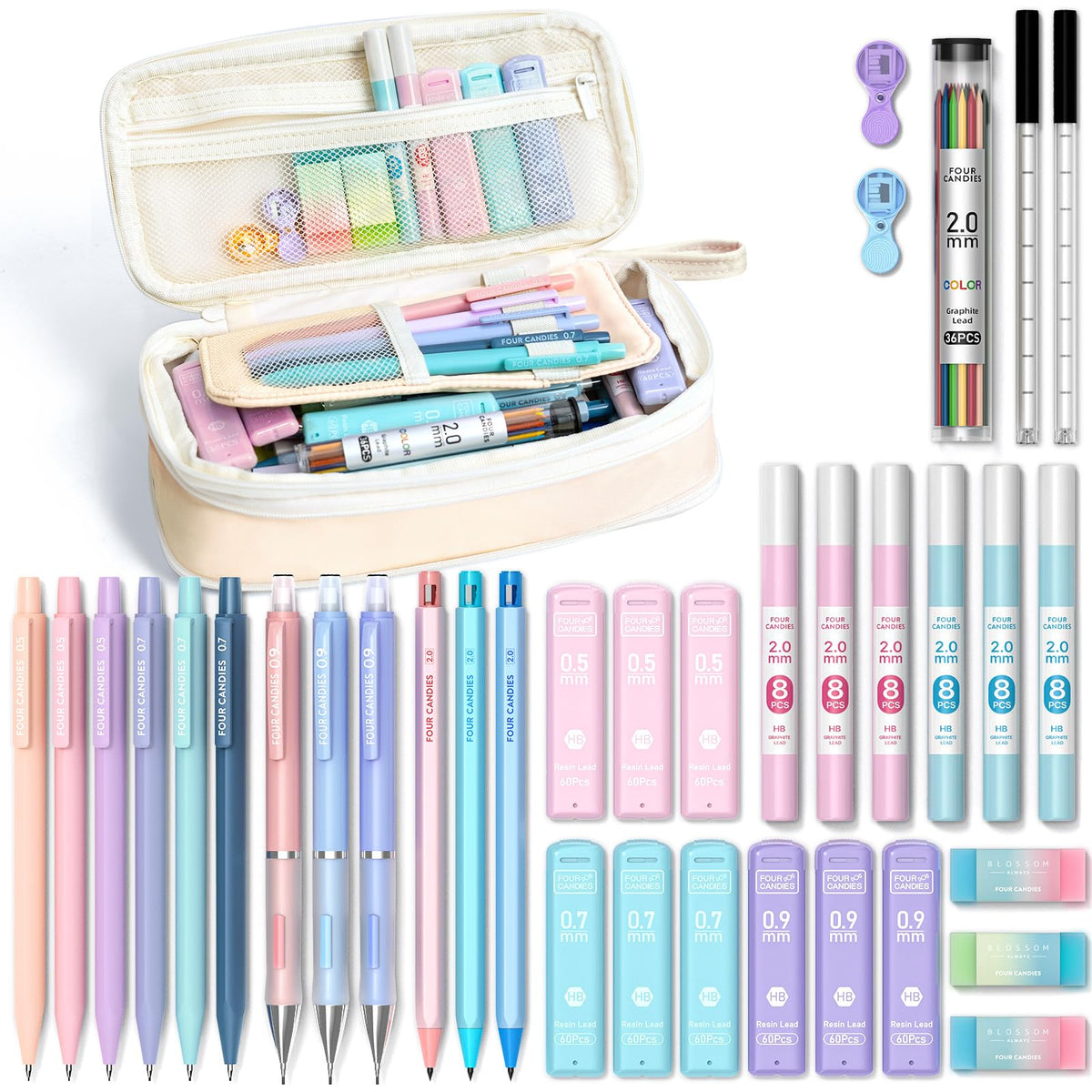 Four Candies 36PCS Mechanical Pencil Set with 624 Lead Refills (Pink)