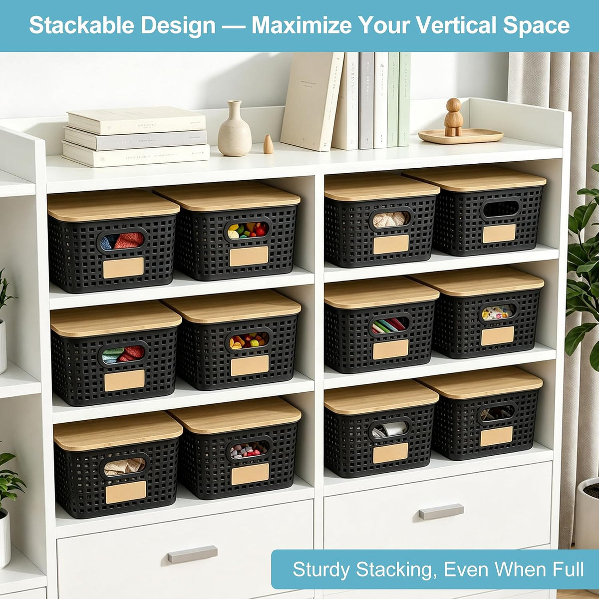 Bagnizer Small Plastic Storage Bins with Bamboo Lids 5.2qt Stackable Box Basket Pantry Decorative Containers Cute with Lable for Organizing Desktop Closet Office Black of 6 packs 10 * 7.2 * 4.1"