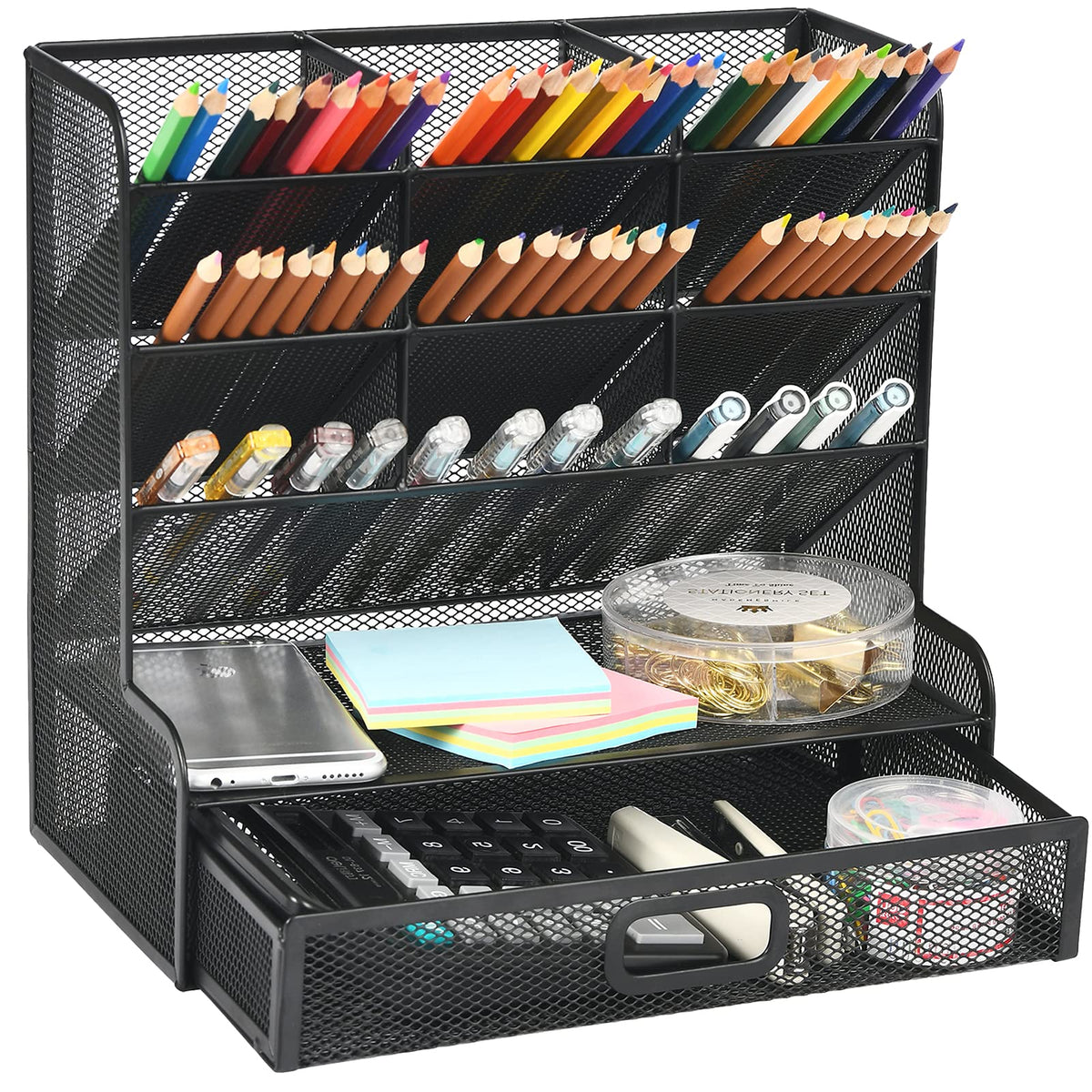 Marbrasse Mesh Pen Holder for Desk, Multi-Functional Pencil Organizer with Drawer, Desk Organizers and Accessories for Office Art Supplies (Black)