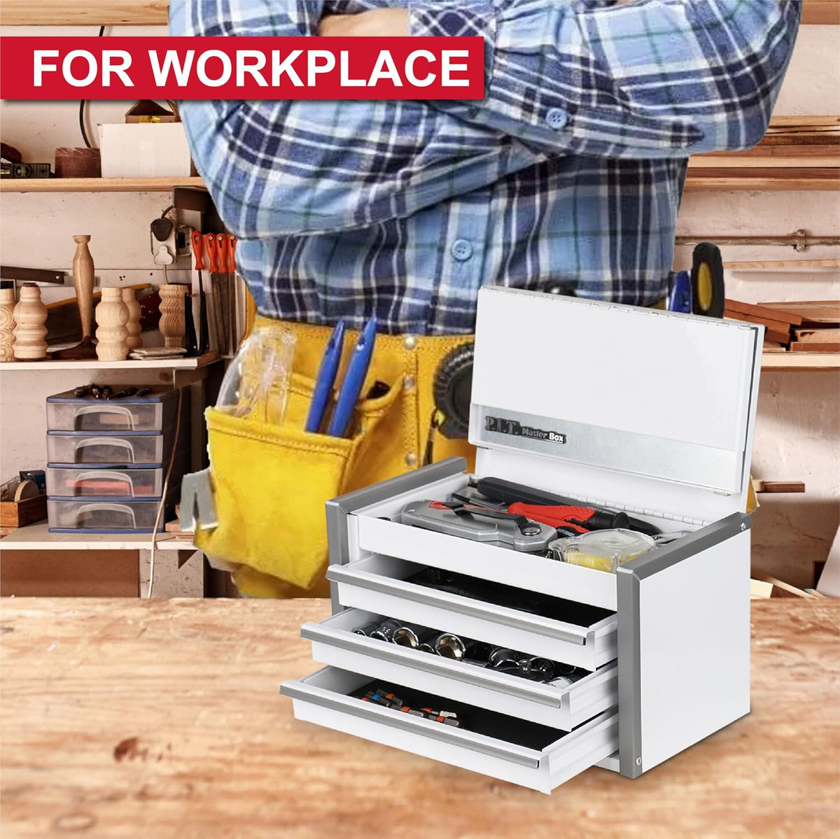 P.I.T. Mini Tool Box,3 Drawers Small Metal Toolbox for Tools Storage,White